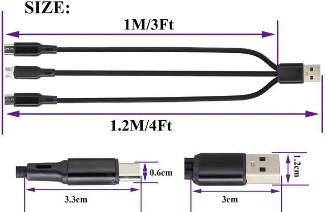 Alt view image 2 of 7 - BUCIER 4Ft/2Pack Micro USB Multi Charging Cable 3 in 1 Fast Charging Cord 2A USB 2.0 A Male to Three Micro USB Male Y Splitter Charge Cord for Smart Phones&Any Micro USB Powered Device(Black-3Micro)