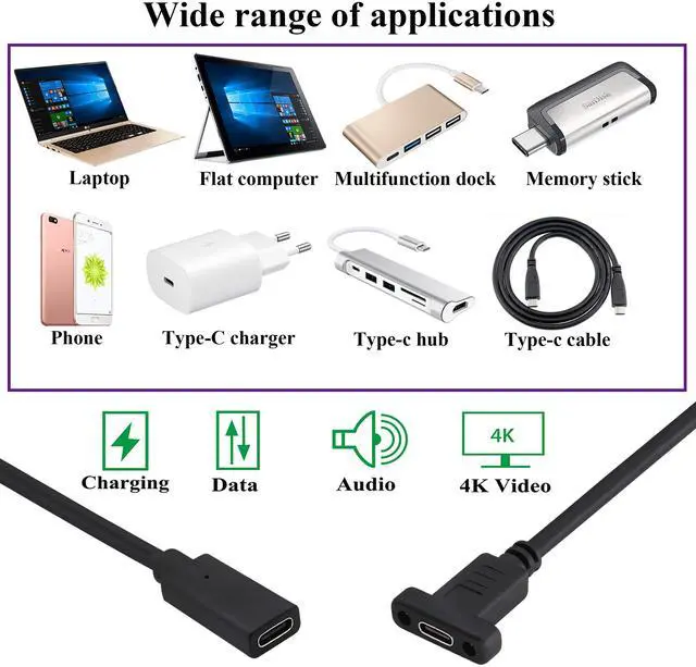 Alt view image 7 of 7 - BUCIER 3.1Type C to USB C Panel Mount Screw Cable Gen 2 (3A) USB 3.1 Type C Female to Female Panel Mount Cable, Supports Charging,Data,Audio,Video Cable for Laptop,Tablet,Mobile Phone(0.3M/1ft)
