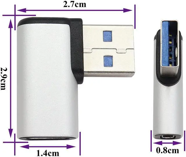 Alt view image 2 of 7 - BUCIER Right Angle USB C to USB A 3.0 Adapter 90 Degree USB Type C Female to USB 3.0 A Male Converter (OTG) for PC,Laptops,Power Banks,Chargers More USB and Type-C Devices (2 Pack-Silver)