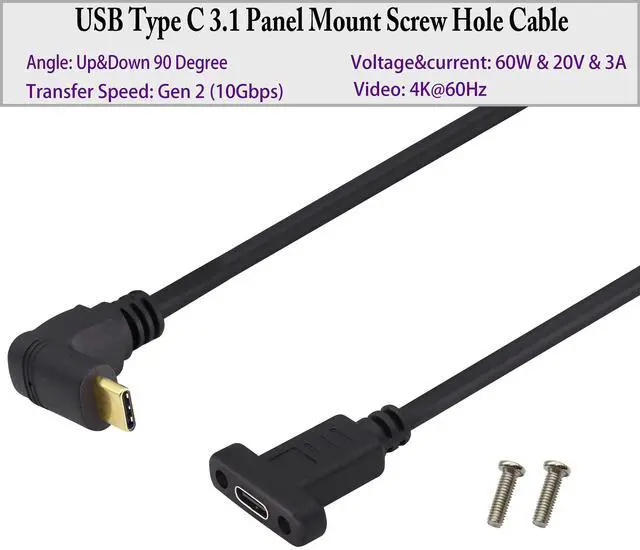 Alt view image 3 of 7 - BUCIER Up&Down Angle 3.1Type C Gen 2 Cable (3A) 90 Degree USB 3.1 Type C Male to Female Panel Mount Screw Cable, Supports Charging,Data,Audio,Video Cable for Laptop,Tablet,Mobile Phone(0.3M/1ft)