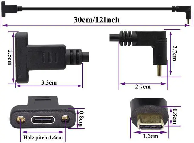 Alt view image 2 of 7 - BUCIER Up&Down Angle 3.1Type C Gen 2 Cable (3A) 90 Degree USB 3.1 Type C Male to Female Panel Mount Screw Cable, Supports Charging,Data,Audio,Video Cable for Laptop,Tablet,Mobile Phone(0.3M/1ft)