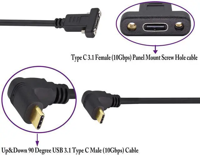 Alt view image 4 of 7 - BUCIER Up&Down Angle 3.1Type C Gen 2 Cable (3A) 90 Degree USB 3.1 Type C Male to Female Panel Mount Screw Cable, Supports Charging,Data,Audio,Video Cable for Laptop,Tablet,Mobile Phone(0.3M/1ft)