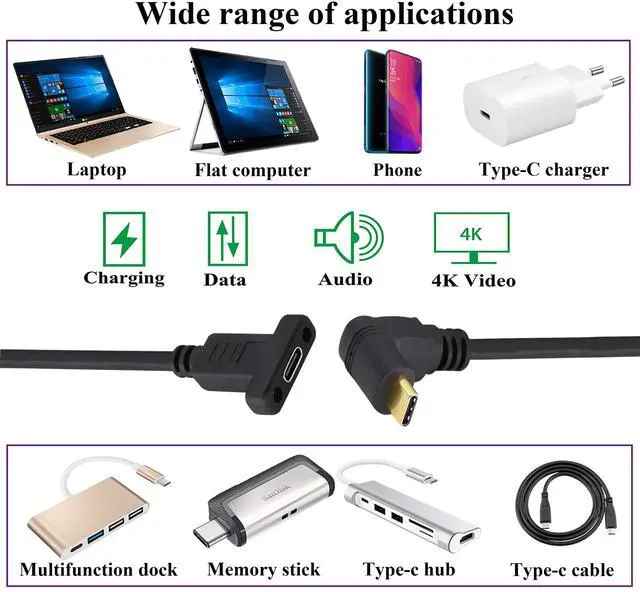 Alt view image 7 of 7 - BUCIER Up&Down Angle 3.1Type C Gen 2 Cable (3A) 90 Degree USB 3.1 Type C Male to Female Panel Mount Screw Cable, Supports Charging,Data,Audio,Video Cable for Laptop,Tablet,Mobile Phone(0.3M/1ft)