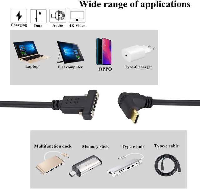 Alt view image 7 of 7 - BUCIER 90 Degree 3.1Type C Cable 4K&60hz Up&Down Angle USB 3.1 Type C Male to Female Panel Mount Cable,Supports Charging,Data,Audio,Video Cable Compatible Samsung S10 S9 S9+ S8,MacBook(0.6M/2ft)