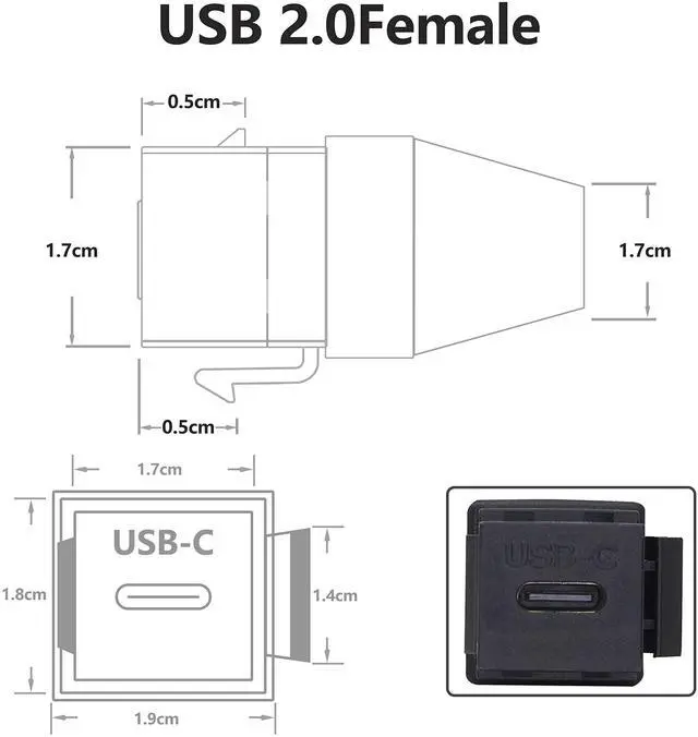 Alt view image 3 of 7 - BUCIER USB-C Keystone Jack Adapter, Male to Female, Panel Mount, USB-C Pigtail Extension, Keystone-to-Cable Converter, Black