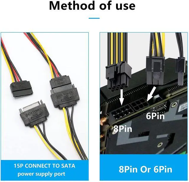 Alt view image 4 of 7 - BUCIER SATA to PCIE Cable,Dual SATA 15pin to 8-pin(6+2 pin) PCI-E Power Cable Y Splitter Extension Cords for Graphics Video Card-7.4in-2 Packs