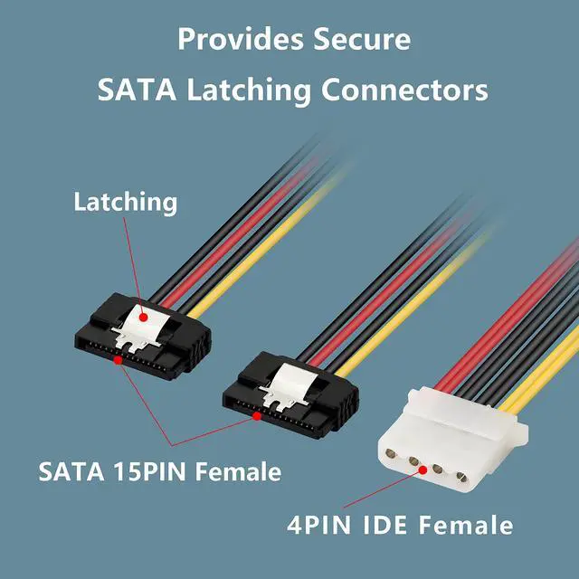 Alt view image 3 of 7 - BUCIER 8In LP4 to Dual Latching SATA Power Y Cable Splitter, 4-pin IDE Female to 15pin Female Adapter for HHD/SSD/DVD RW/Hard drive-2PCS