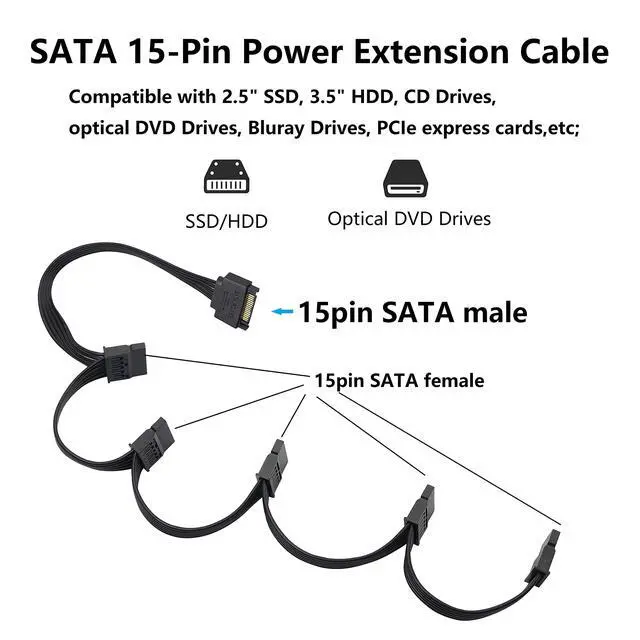 Alt view image 2 of 7 - BUCIER 15Pin SATA Male to 5 SATA Female Power Splitter Adapter Cable Extension Y-Cable for HDDSSD Hard Disk