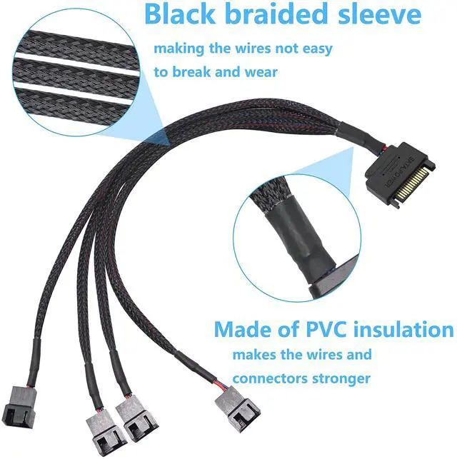 Alt view image 5 of 7 - BUCIER SATA Cooler Fan Adapter Cable, 15 Pin to 4 x 3/4 Pin Fan Splitter, 1.1Ft (Black - 1 to 4)