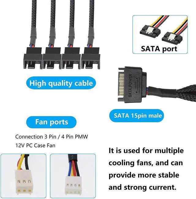 Alt view image 4 of 7 - BUCIER SATA Cooler Fan Adapter Cable, 15 Pin to 4 x 3/4 Pin Fan Splitter, 1.1Ft (Black - 1 to 4)