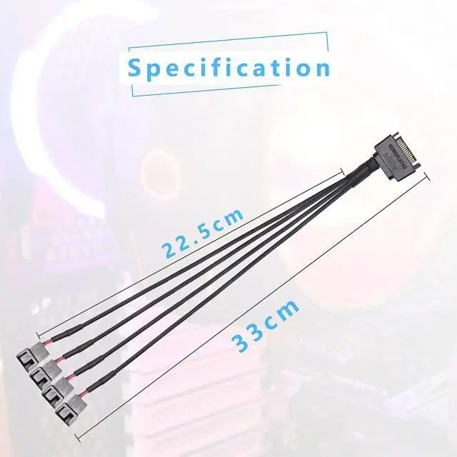 Alt view image 7 of 7 - BUCIER SATA Cooler Fan Adapter Cable, 15 Pin to 4 x 3/4 Pin Fan Splitter, 1.1Ft (Black - 1 to 4)