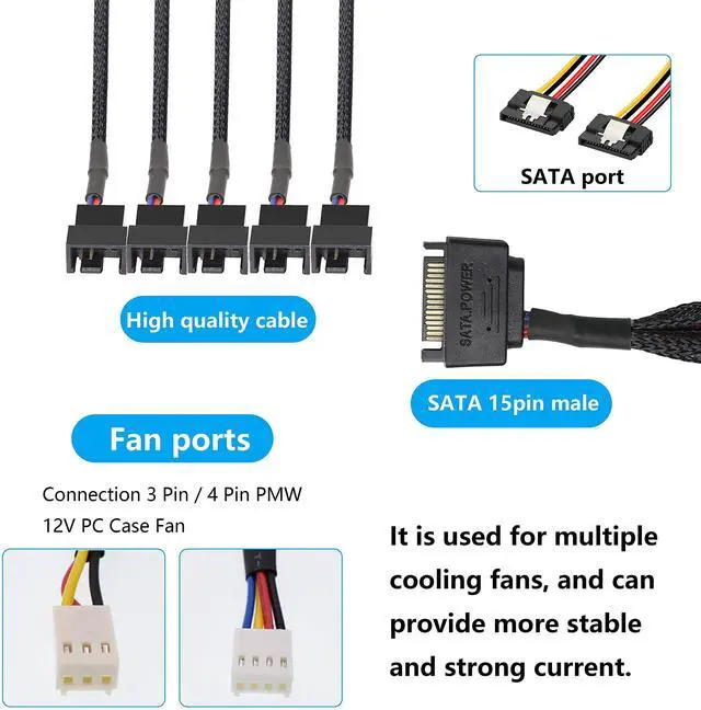Alt view image 4 of 7 - BUCIER SATA Cooler Fan Adapter Cable - 15 Pin to 3/4 Pin Fan Splitter - 1.1Ft (Black - 1 to 5)