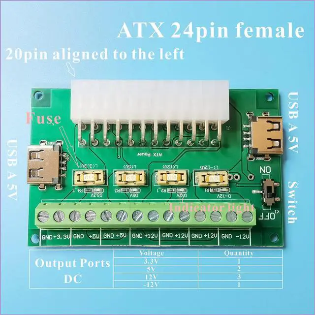 Alt view image 2 of 6 - PSU Breakout Board ATX Power Supply DC 12V 5V 3.3V Splitter Module Desktop Adapter to USB A Hub Connector Computer Power Source Multi Port Output DIY Parent Child Electronic Kit with High Current Fuse