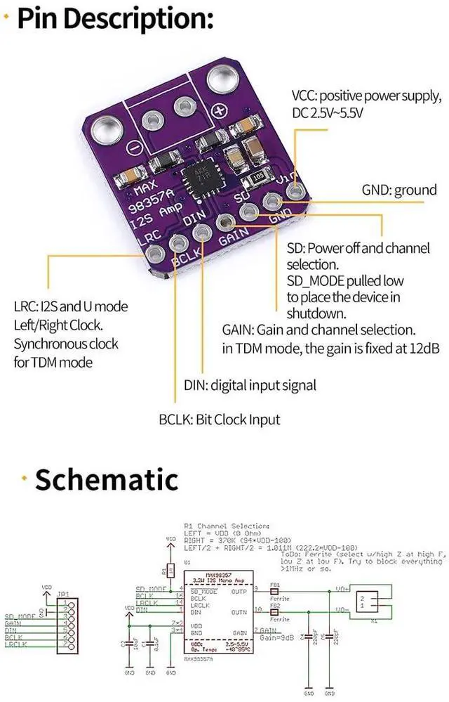 Alt view image 6 of 6 - BUCIER Max98357 I2S 3W Class D Amplifier Breakout Interface Dac Decoder Module Filterless Audio Board for Raspberry Pi 5pcs