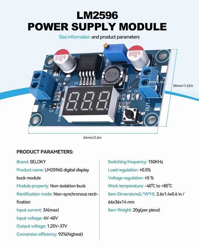 Alt view image 4 of 7 - BUCIER LM2596 DC-DC Buck Power Converter Module, Adjustable Voltage Regulator 4-40V to 1.25-37V Buck Converter with LED Voltmeter DisplayPack of 2