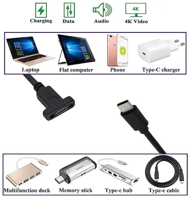 Alt view image 5 of 5 - BUCIER 2pcs USB Type C 3.1Panel Mount Adapter Cable USB-C 3.1 Gen2 10Gbps Male to USB C Female Panel Mount Screw Cable, Supports Charging, Data, Audio, Video 0.3M/1ft