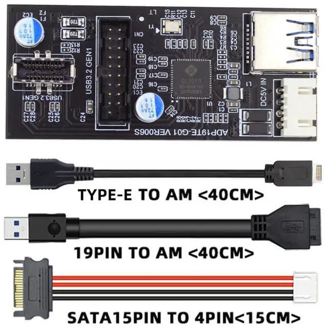 Alt view image 2 of 7 - Vszerda USB 3.0 19/20Pin & Type-E Female Header Splitter to Dual Type-E & USB 3.0 20Pin Outputs, 5Gbps, Black, 11cm Cable, PC Adapter