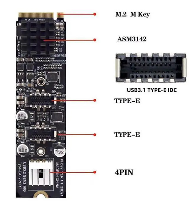 Alt view image 3 of 7 - BUCIER M.2 NVME NGFF M-Key 1 to 2 USB 3.1 Type-E Front Panel Socket Mainboard Header Extension Adapter