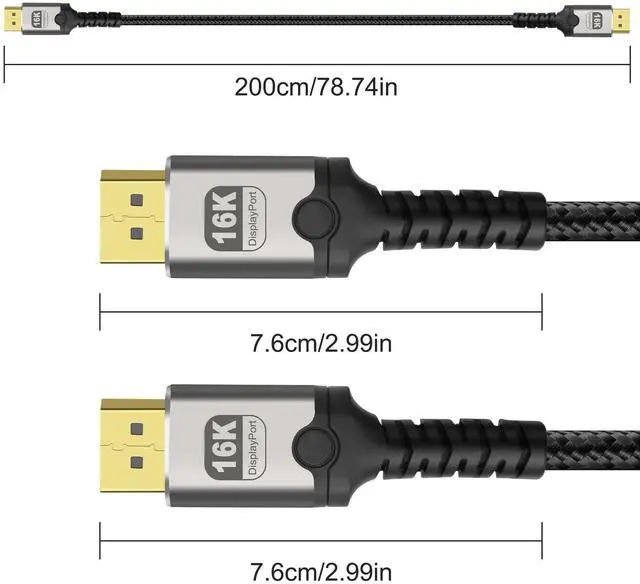 Alt view image 2 of 7 - BUCIER 16K Displayport Cable Braided High Speed Display Port Male to DP Male 2.1 Cable 16K@60Hz 8K@120Hz 4K@240Hz 165Hz 144Hz Support 80Gbps HDR HDCP DSC for HDTV PC Gaming Monitor - 2M/6.6Ft