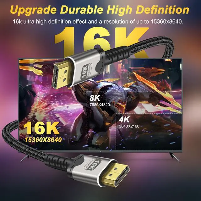 Alt view image 4 of 7 - BUCIER 16K Displayport Cable Braided High Speed Display Port Male to DP Male 2.1 Cable 16K@60Hz 8K@120Hz 4K@240Hz 165Hz 144Hz Support 80Gbps HDR HDCP DSC for HDTV PC Gaming Monitor - 2M/6.6Ft