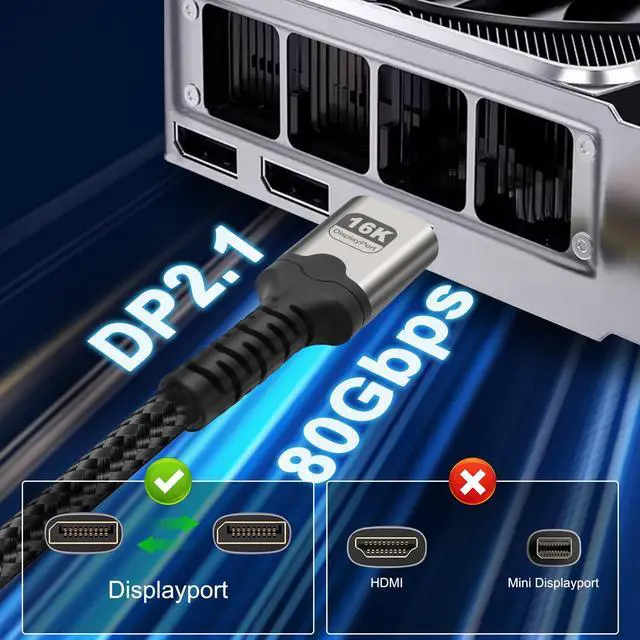 Alt view image 5 of 7 - BUCIER 16K Displayport Cable Braided High Speed Display Port Male to DP Male 2.1 Cable 16K@60Hz 8K@120Hz 4K@240Hz 165Hz 144Hz Support 80Gbps HDR HDCP DSC for HDTV PC Gaming Monitor - 2M/6.6Ft
