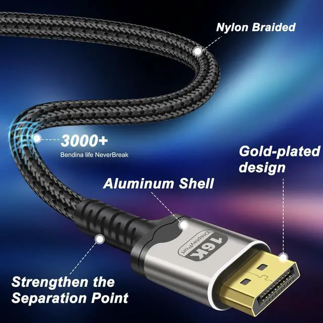 Alt view image 6 of 7 - BUCIER 16K Displayport Cable Braided High Speed Display Port Male to DP Male 2.1 Cable 16K@60Hz 8K@120Hz 4K@240Hz 165Hz 144Hz Support 80Gbps HDR HDCP DSC for HDTV PC Gaming Monitor - 2M/6.6Ft