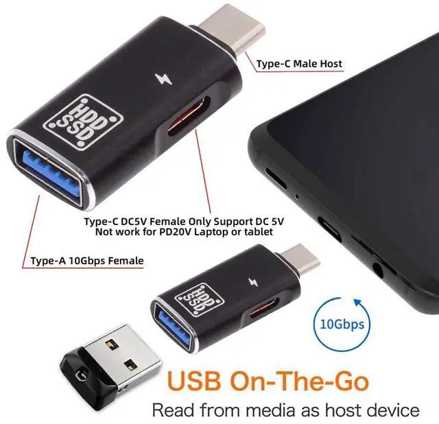 Alt view image 3 of 7 - BUCIER 10Gbps USB-C Type-C to USB 3.0 Female OTG & DC 5V Power Adapter for Tablet Phone