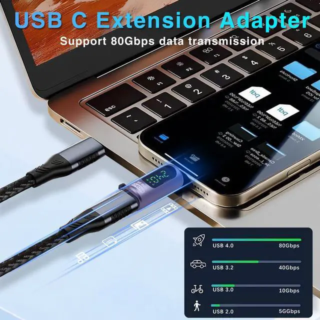 Alt view image 2 of 7 - BUCIER USB C Extension Adapter 240W PD, 80Gbps, 8K@60Hz Video, USB C Male to Female Extender Digital Display for Thunderbolt 5 Cable, iPhone 15/16, Hub, Laptops,Game Controller. Purple, 2 Pack