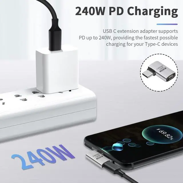 Alt view image 2 of 7 - BUCIER 240W Right Angle USB C Adapter, 40Gbps USB C 90 Degree Adapter Male to Female with 8K 60Hz Video ompatible for Thunderbolt 3/4, Switch, MacBookPro/Air, ipad and More Type C Devices (2 Pack)