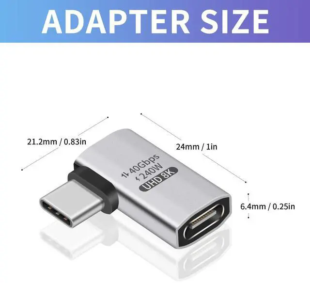 Alt view image 6 of 7 - BUCIER 240W Right Angle USB C Adapter, 40Gbps USB C 90 Degree Adapter Male to Female with 8K 60Hz Video ompatible for Thunderbolt 3/4, Switch, MacBookPro/Air, ipad and More Type C Devices (2 Pack)