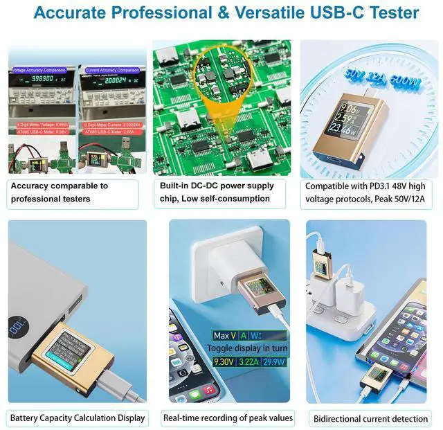Alt view image 3 of 7 - USB C Power Meter Testers, BUCIER PD3.1 Digital Multimeter, USB C Voltage Current Voltmeter Amp Volt Ammeter Detector USB C Cable Charger Indicator DC4.5-50V/0-12APD2.0/PD3.0/PPS/QC2.0/QC3.0/FCP