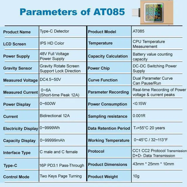 Alt view image 7 of 7 - USB C Power Meter Testers, BUCIER PD3.1 Digital Multimeter, USB C Voltage Current Voltmeter Amp Volt Ammeter Detector USB C Cable Charger Indicator DC4.5-50V/0-12APD2.0/PD3.0/PPS/QC2.0/QC3.0/FCP