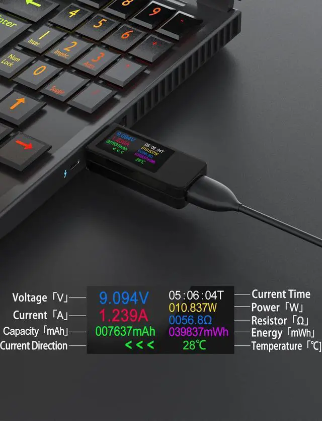 Alt view image 2 of 7 - BUCIER USB C Tester Voltmeter Power Voltage and Current Tester Meter 0-5.1A 4-30V USB Power Capacity, Temperature, Working Time Volt Ammeter Detector IPS Color Display LCD Power Charger Detector