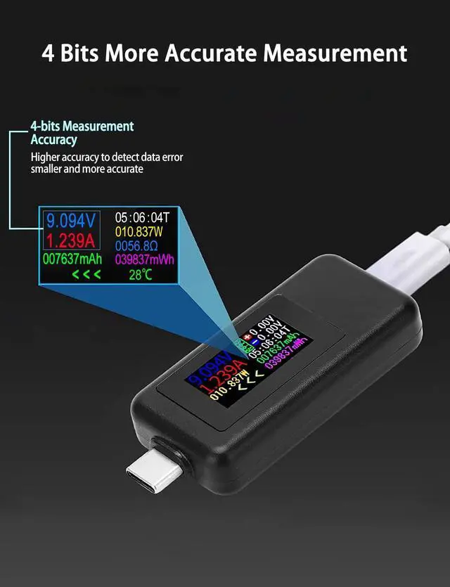 Alt view image 4 of 7 - BUCIER USB C Tester Voltmeter Power Voltage and Current Tester Meter 0-5.1A 4-30V USB Power Capacity, Temperature, Working Time Volt Ammeter Detector IPS Color Display LCD Power Charger Detector