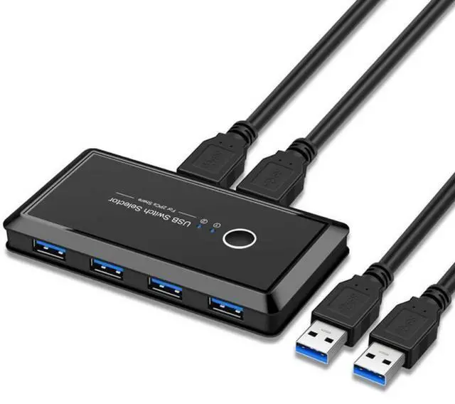 Main image of BUCIER USB Sharing Switch for 2 Computers Sharing 4 USB 3.0 Ports, KVM Switches Adapter Hub for PC, Printer, U-disk, Mouse, Keyboard with One Button Swapping and 2 USB3.0 Cable, Black