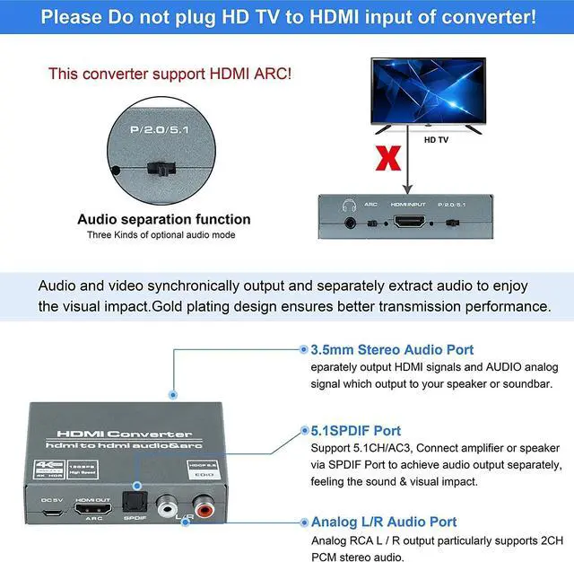 Alt view image 4 of 7 - BUCIER 4K@60HZ HDMI Audio Extractor, HDMI to HDMI with Optical TOSLINK SPDIF + 5.1/2CH + 3.5mm RCA R/L Audio Converter HDMI Audio Splitter Adapter Supports HDMI 2.0, HDCP 2.2, 18Gpbs for PS5