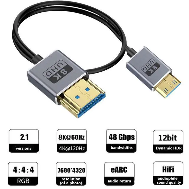 Alt view image 2 of 7 - BUCIER 1ft Mini HDMI to HDMI 8K@60Hz Cable, 48Gbps Left Angle Male Mini HDMI to Straight Male HDMI Coaxial Cable, OD 2.5mm Ultra Thin HDMI 2.1 Version UHD Cord