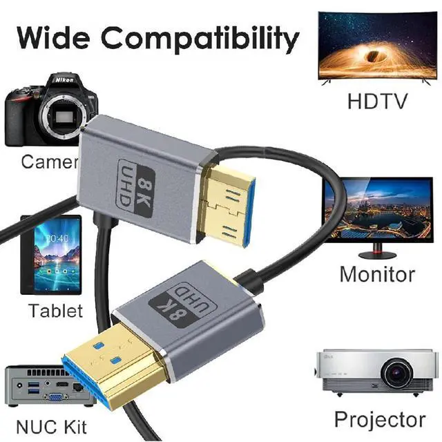 Alt view image 7 of 7 - BUCIER 1ft Mini HDMI to HDMI 8K@60Hz Cable, 48Gbps Left Angle Male Mini HDMI to Straight Male HDMI Coaxial Cable, OD 2.5mm Ultra Thin HDMI 2.1 Version UHD Cord