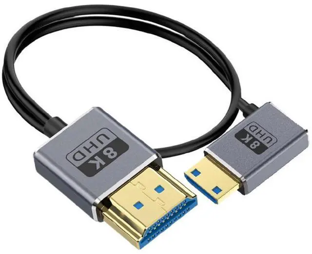 Main image of BUCIER 1ft Mini HDMI to HDMI 8K@60Hz Cable, 48Gbps Right Angle Male Mini HDMI to Straight Male HDMI Coaxial Cable, OD 2.5mm Ultra Thin HDMI 2.1 Version UHD Cord