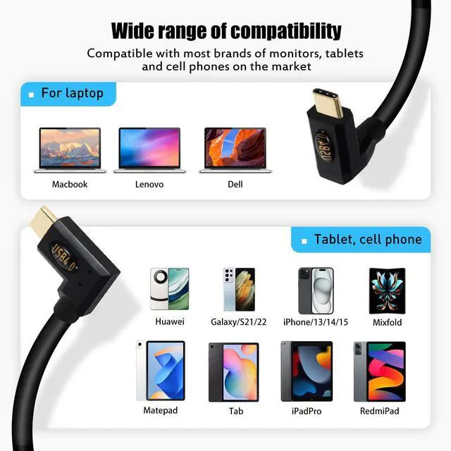 Alt view image 7 of 7 - BUCIER 2ft USB 4.0 Type C Cable, Bidirectional 40Gbps Data, 240W PD Charging, 8K@60Hz Video, Up Down to Up Down Angle Male Cord for Thunderbolt 4/3, Smartphones, Laptops, Monitor, Gaming Console