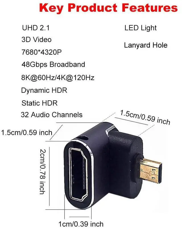 Alt view image 2 of 3 - BUCIER 8K@60Hz Micro HDMI 2.1 to HDMI 2.1 Adapter 2 Pack, 3D 48Gbps Bidirectional Converter, Male to Female Down Angle Extender Connector Coupler for Xbox Switch HDTV PS5/4, Dynamic HDR