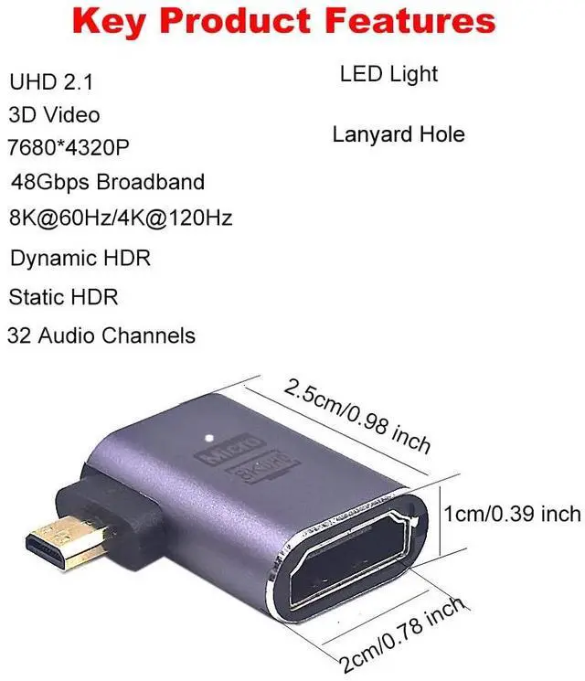 Alt view image 2 of 3 - BUCIER 8K@60Hz Micro HDMI 2.1 to HDMI 2.1 Adapter 2 Pack, 3D 48Gbps Bidirectional Converter, Male to Female Right Angle Extender Connector Coupler for Xbox Switch HDTV PS5/4, Dynamic HDR