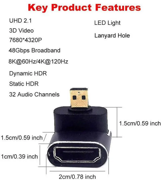 Alt view image 2 of 3 - BUCIER 8K@60Hz Micro HDMI 2.1 to HDMI 2.1 Adapter 2 Pack, 3D 48Gbps Bidirectional Converter, Male to Female Up Angle Extender Connector Coupler for Xbox Switch HDTV PS5/4, Support 4K@120Hz Dynamic HDR