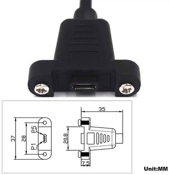 Alt view image 3 of 5 - BUCIER 0.3 Meter Micro USB 5 Pin Extension Cable, Down Angle Micro USB Male to Female Extender Bolt Screw Lock Mount Cable, Sync Data & Charging