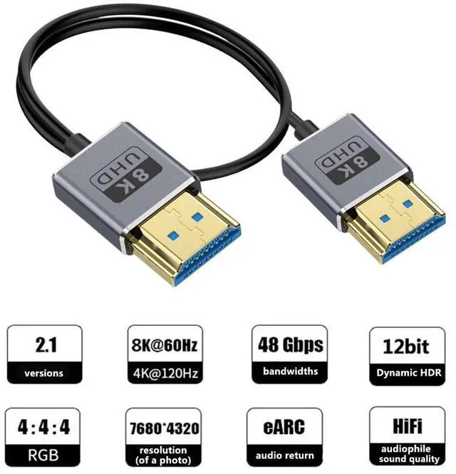 Alt view image 2 of 5 - BUCIER 1ft 8K@60Hz HDMI Cable, OD 2.5mm Ultra-Thin HDMI 2.1Version UHD Cord, 48Gbps HDMI Straight Male to Straight Male Coaxial Cable for GH5S, PS5, Xbox One, HDTV, Dynamic HDR,eARC