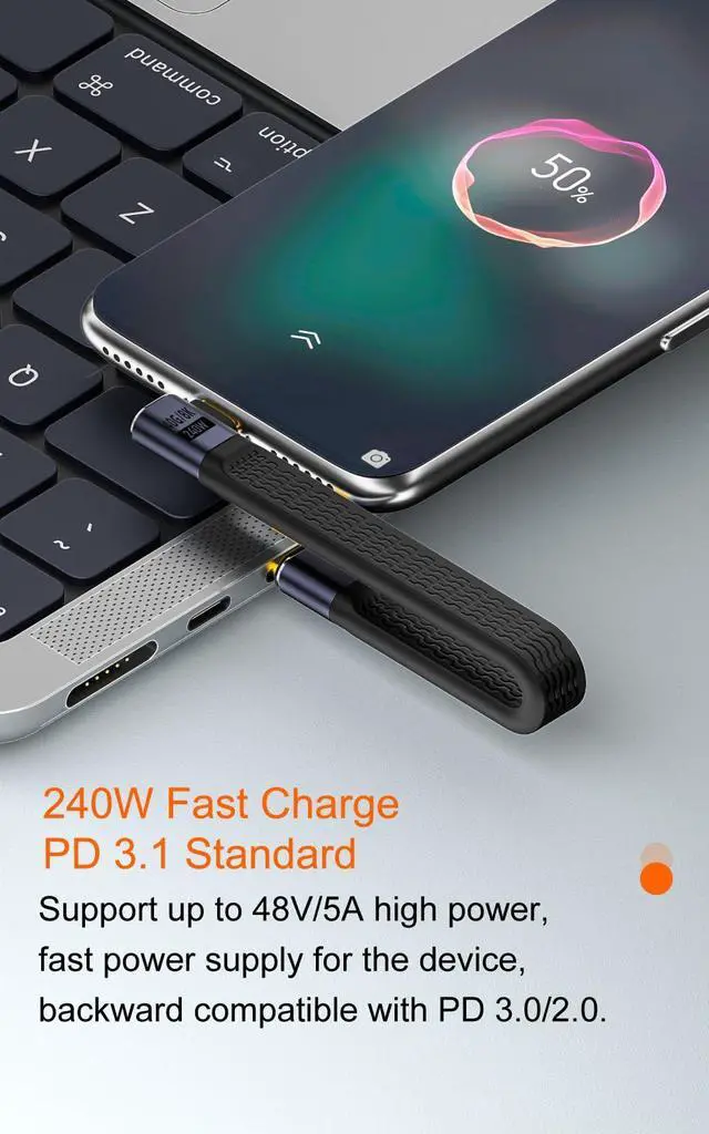 Alt view image 2 of 7 - BUCIER 40Gbps USB Type C Cable, Straight Female to 90 Degree Left & Right Angle Male USB C Cable, 240W PD QC Cord for Thunderbolt 4/3, 8K@60Hz, 0.39ft