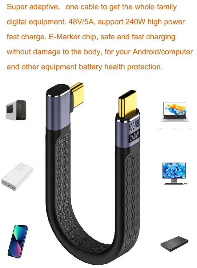 Alt view image 6 of 7 - BUCIER 40Gbps USB Type C Cable, Straight Female to 90 Degree Left & Right Angle Male USB C Cable, 240W PD QC Cord for Thunderbolt 4/3, 8K@60Hz, 0.39ft