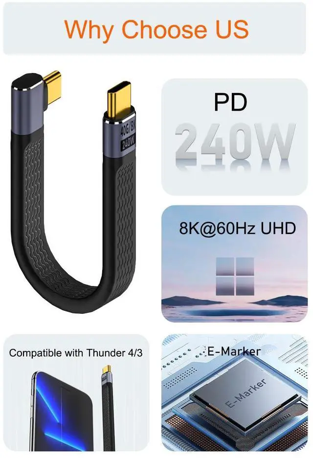 Alt view image 4 of 7 - BUCIER 40Gbps USB Type C Cable, Straight Female to 90 Degree Left & Right Angle Male USB C Cable, 240W PD QC Cord for Thunderbolt 4/3, 8K@60Hz, 0.39ft