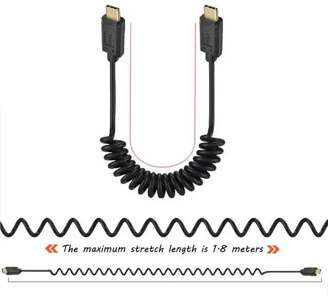 Alt view image 2 of 6 - BUCIER USB 3.1 Type C Cable, 1.8M (5.9ft), Coiled Spring Spiral, 3A & 10Gbps Sync Charging & Data Cord, Compatible with Smartphone, Double Straight Heads or 90 Degree Left & Right Angle