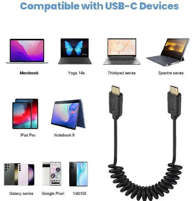 Alt view image 6 of 6 - BUCIER USB 3.1 Type C Cable, 1.8M (5.9ft), Coiled Spring Spiral, 3A & 10Gbps Sync Charging & Data Cord, Compatible with Smartphone, Double Straight Heads or 90 Degree Left & Right Angle
